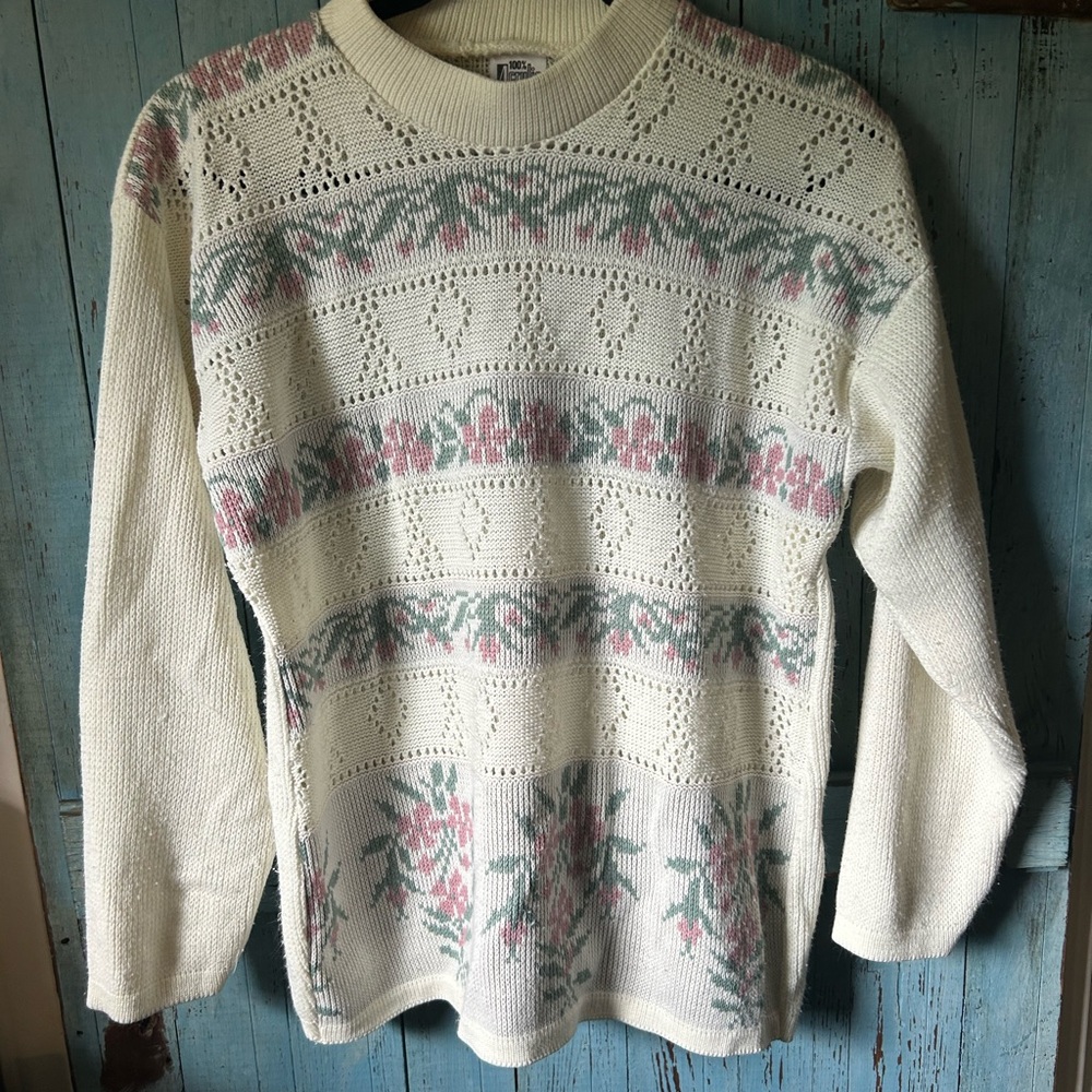 Floral Knit Women's Sweater - Cream and Pink